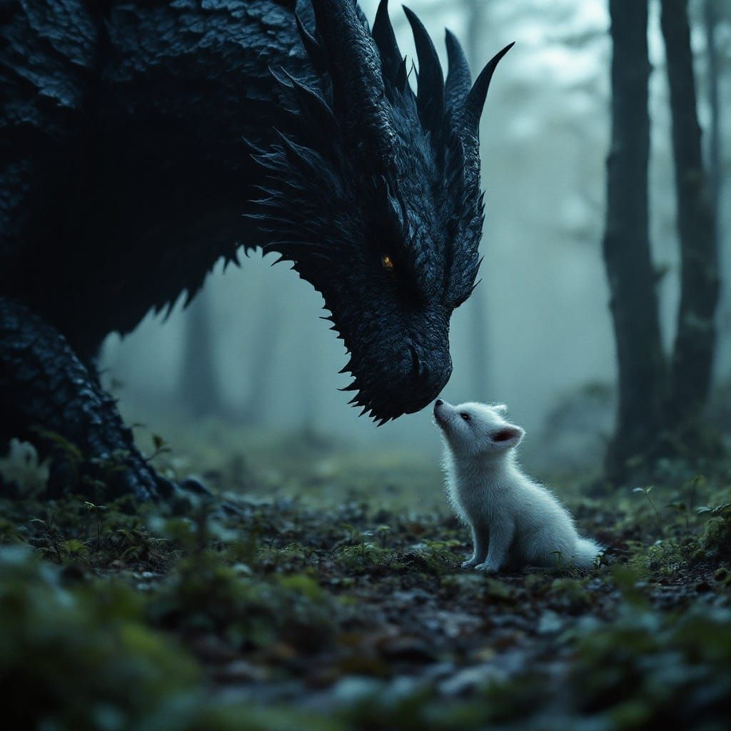 Black Dragon Gently Meets Arctic Fox in Misty Forest