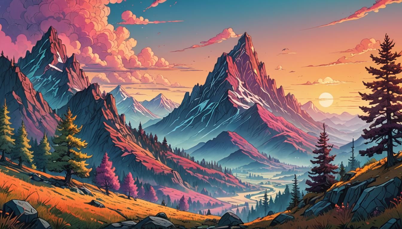 Doodle Style Fantasy Landscape in Dreamy Light