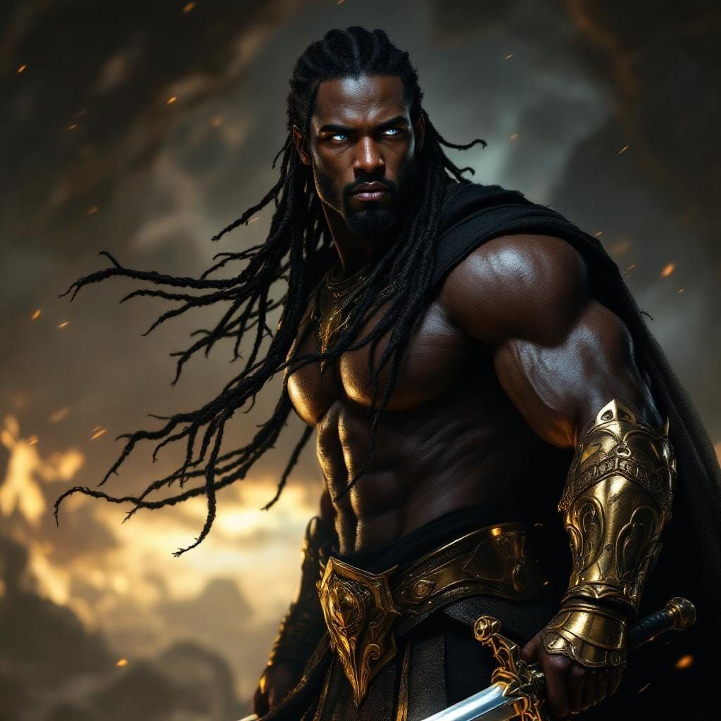 Warrior God in Gold Armor with Sword