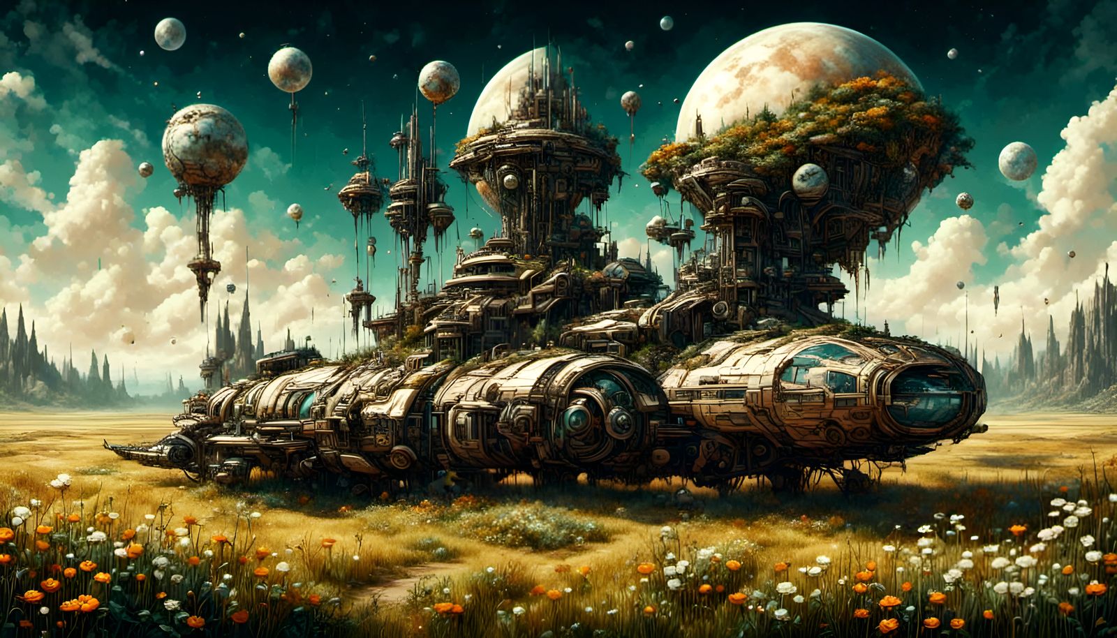 Space Cruiser Parked in Meadow: Pixel Art