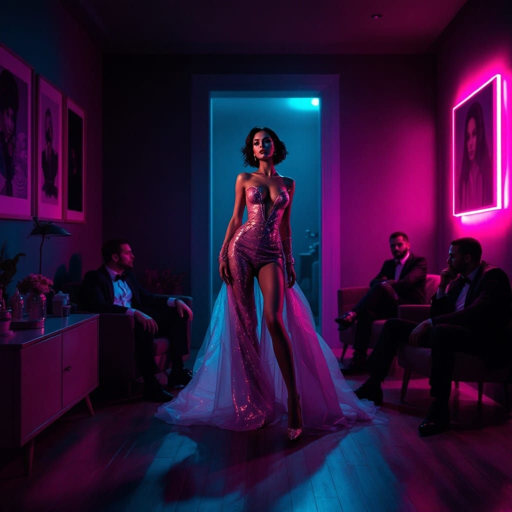 Provocative Woman in Room with Men, David LaChapelle Style