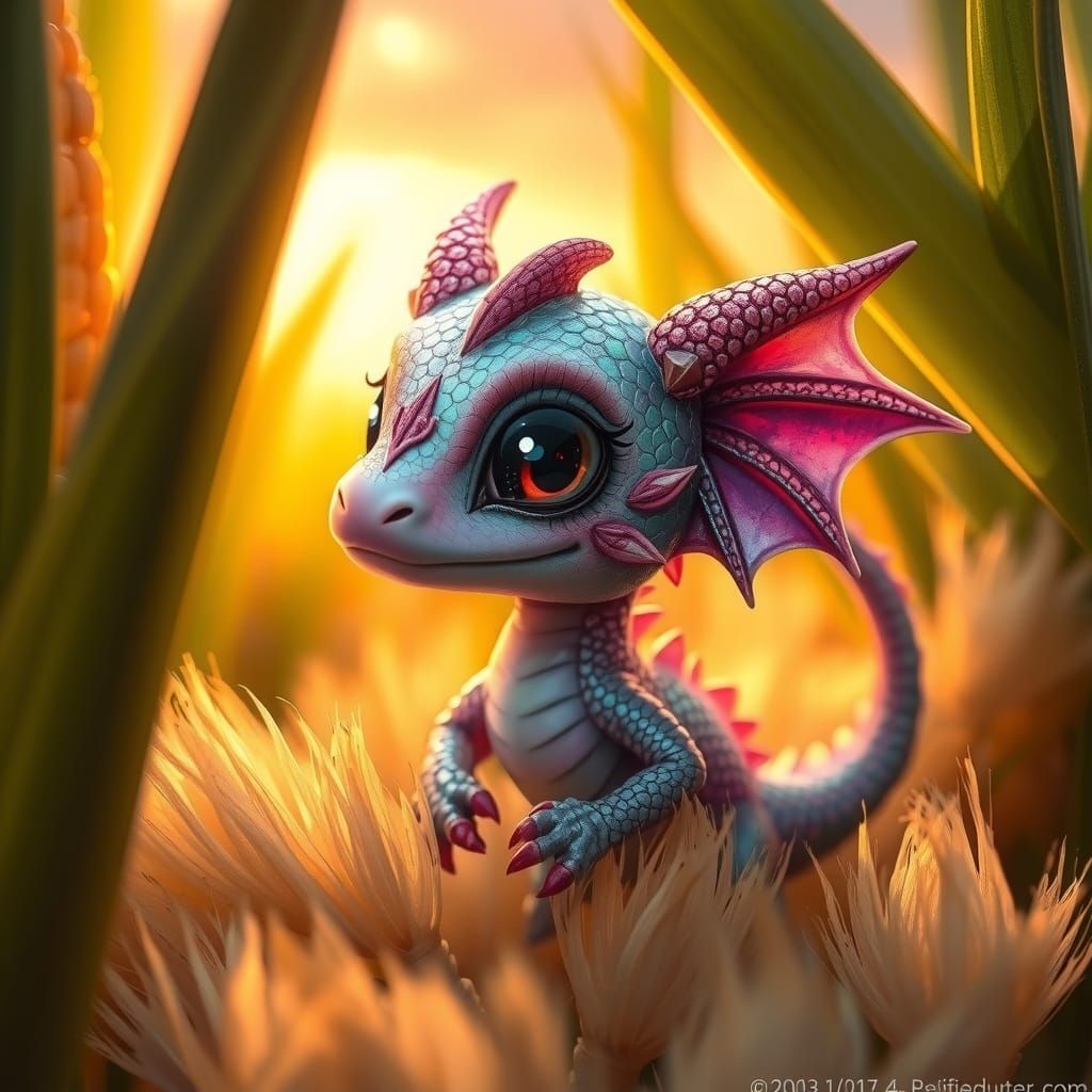 Enchanting Miniature Dragon in a Whimsical Cornfield Scene