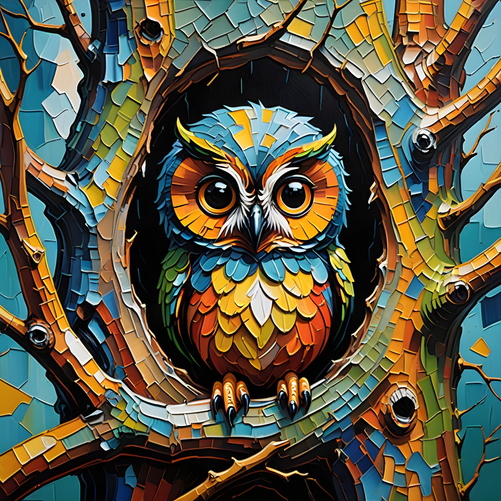 Impasto Owl Portrait in Neo-Expressionist Style