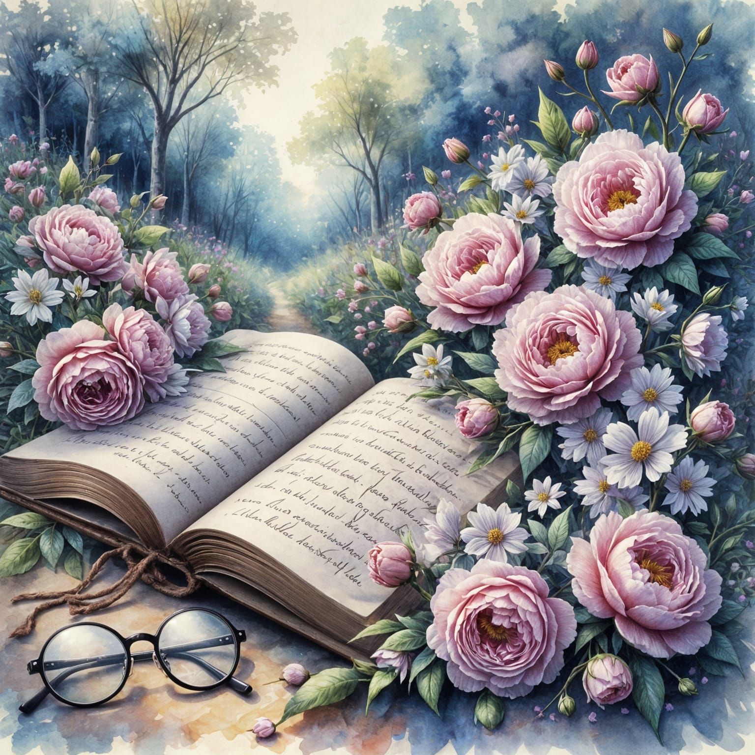 Open Book with Flowers in Dreamy Forest Clearing