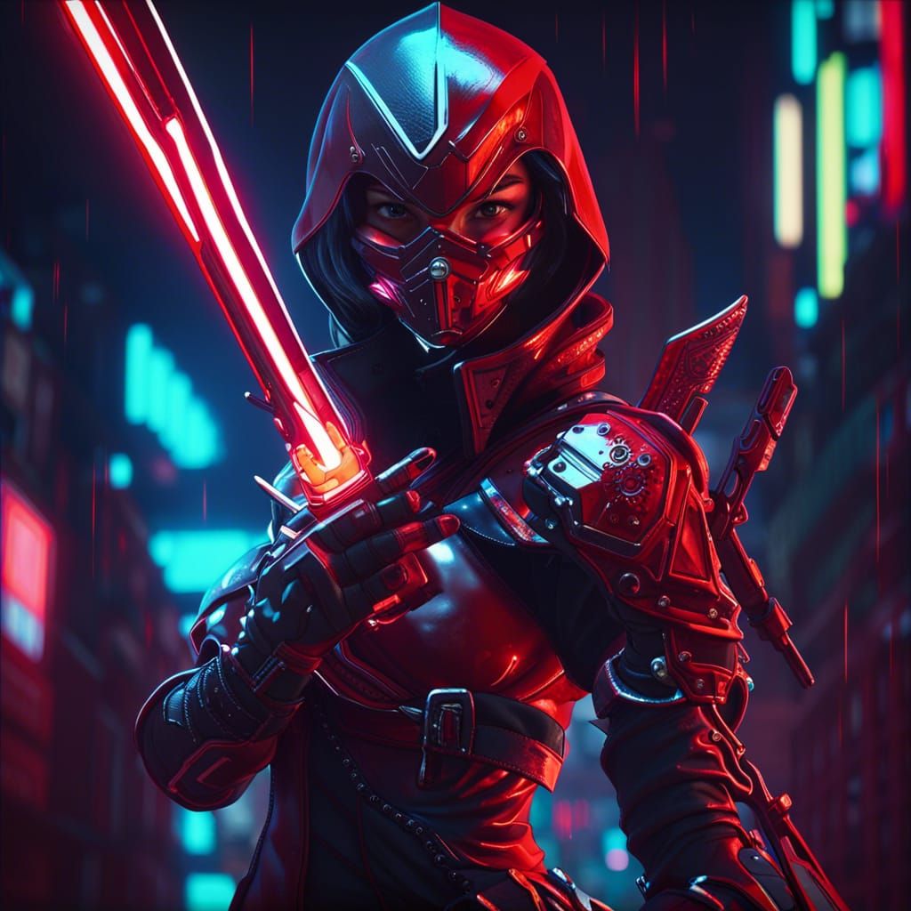 Cyberpunk Assassin with Laser Katana in Neon City