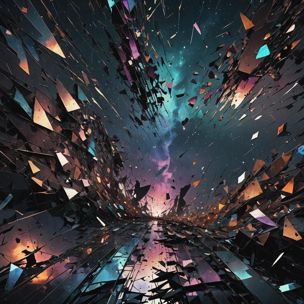 Shattered Silhouette Reflection Falling Through Night Sky