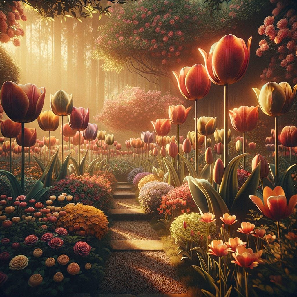 Vintage Tulip Garden in Full Bloom