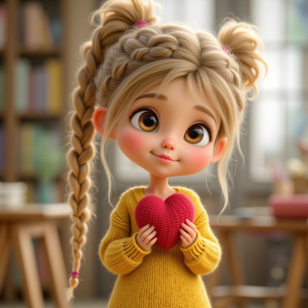 Adorable Girl with Heart Toy in 3D Cartoon Style