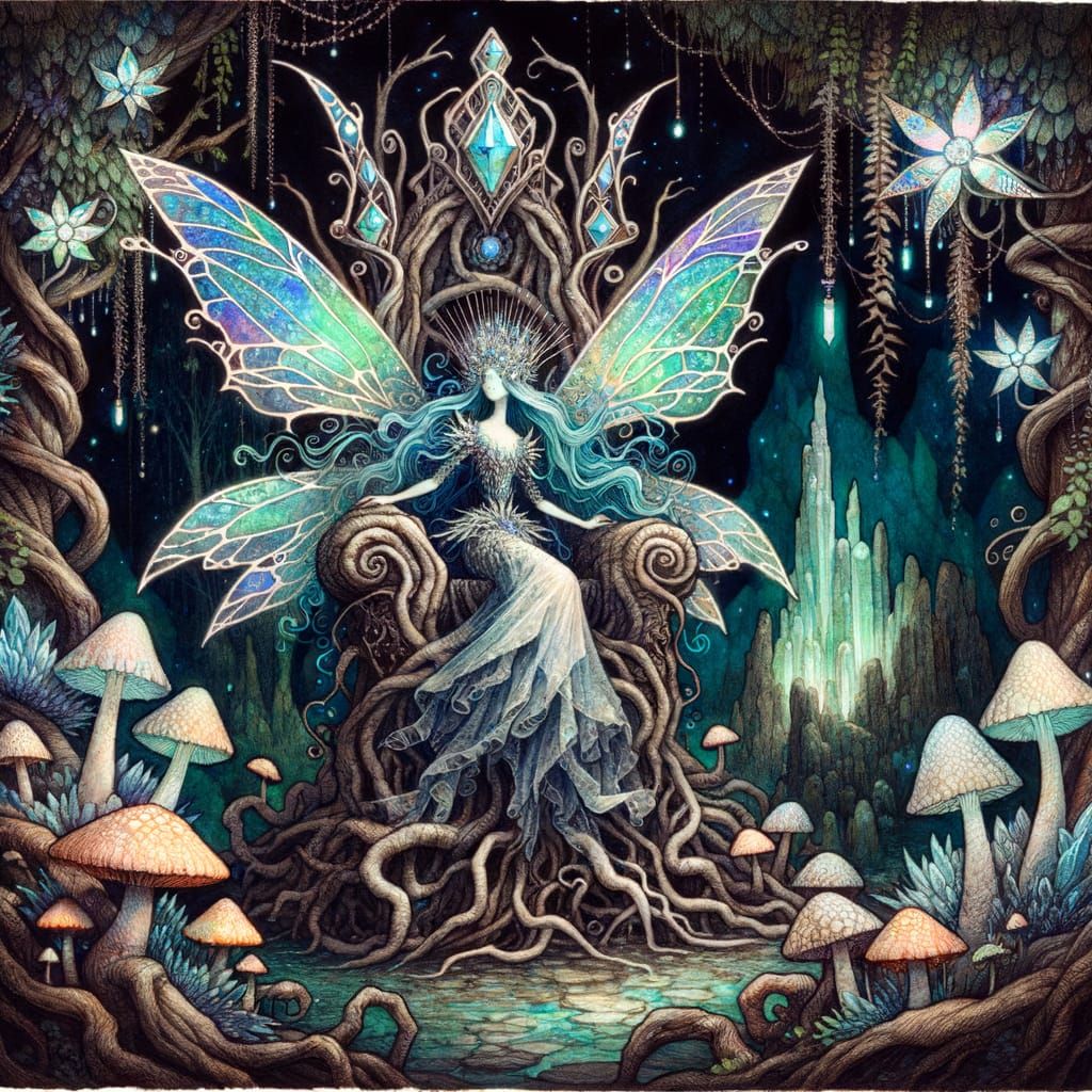 Gothic Fairy Queen on Mushroom Throne in Steampunk Nouveau