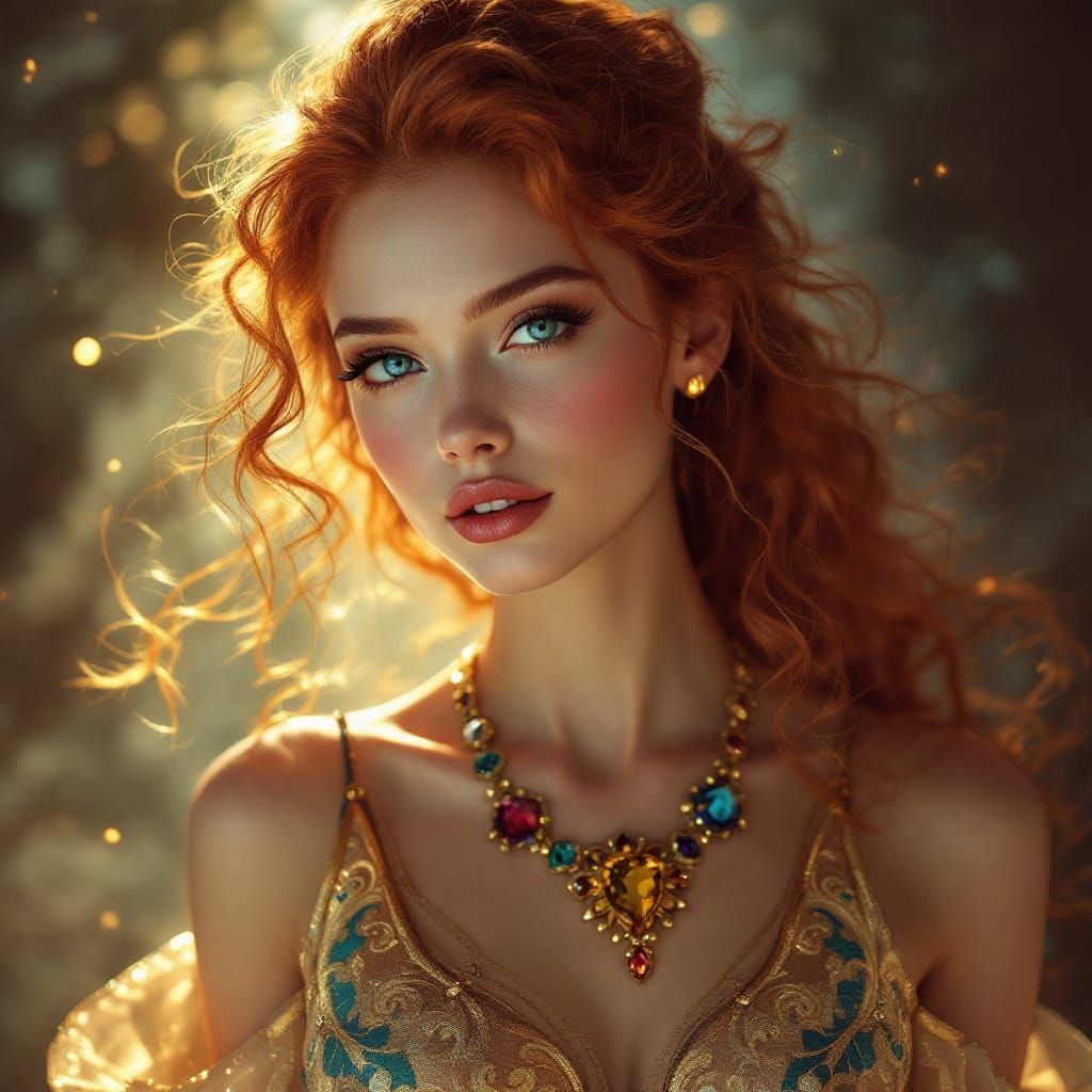 Vibrant Portrait of Woman with Fair Skin in Art Nouveau Styl...