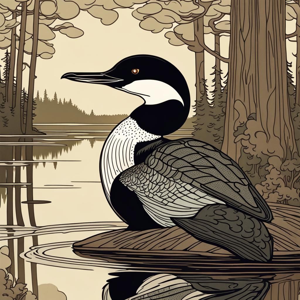 Common Loon on Lake, Art Nouveau Style