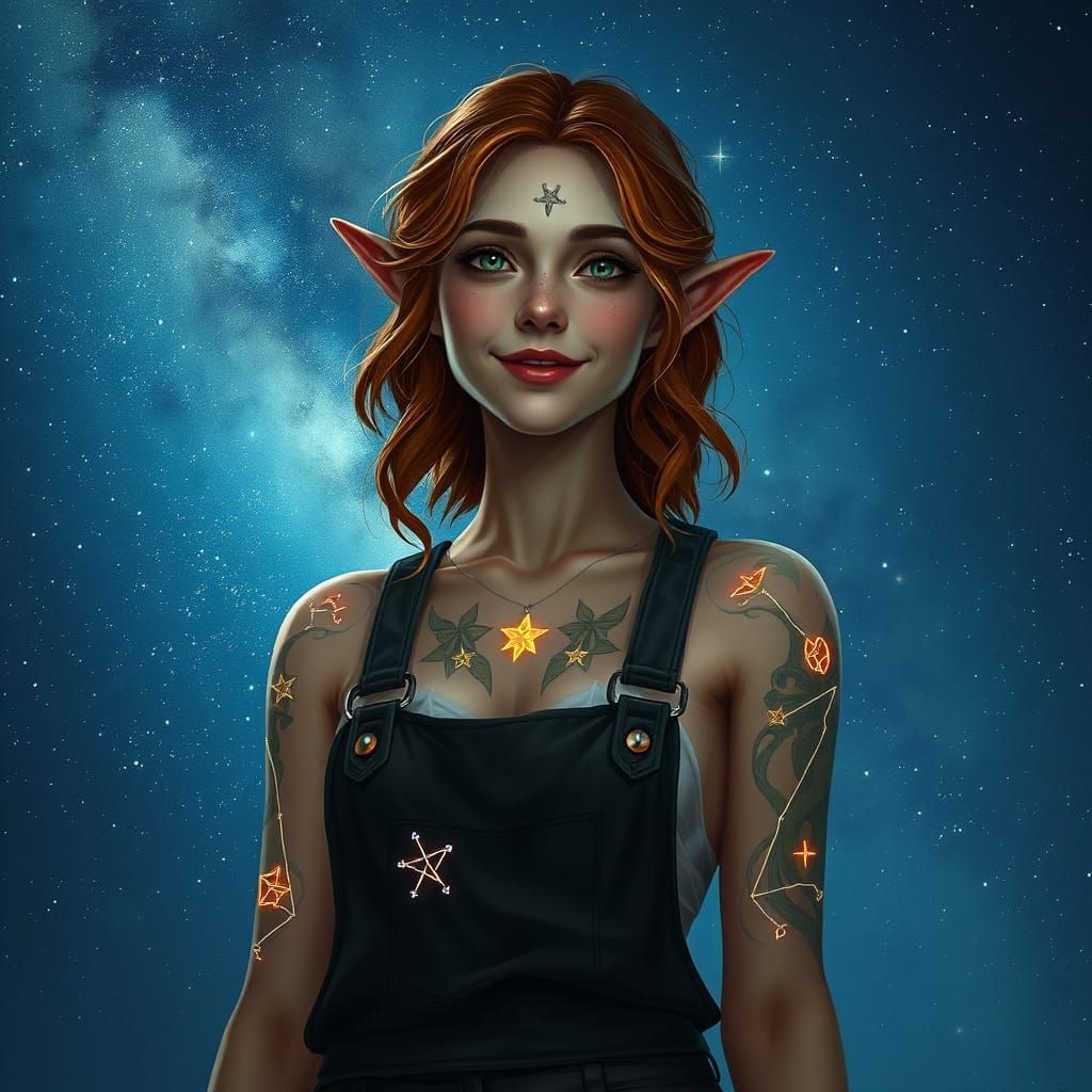 Mystical Half Elf Druid Under Starry Night Sky in Fantasy Ar...