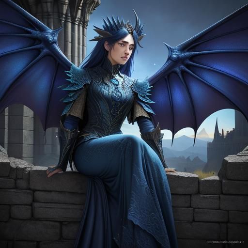 Blue Dragon on Castle Wall, Dark Fantasy Art