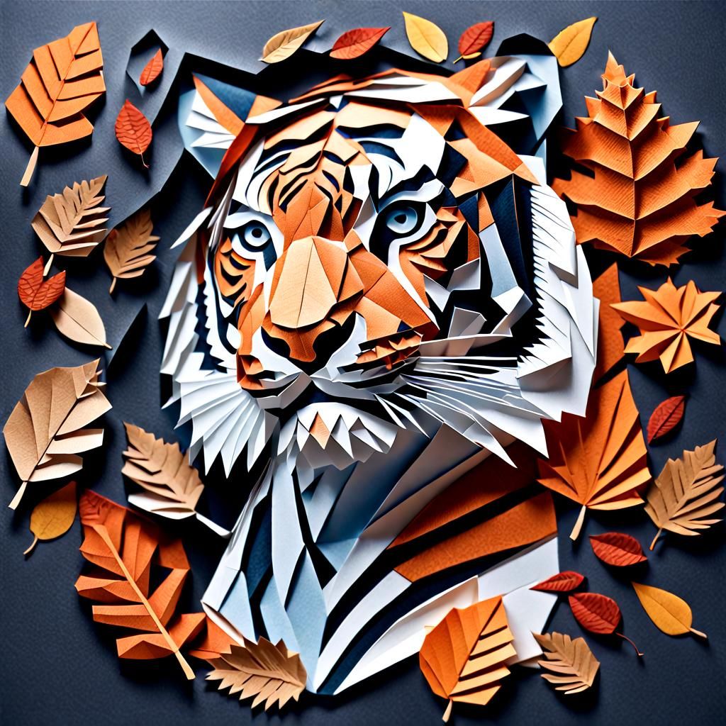Tiger in Autumn Paper Collage Art