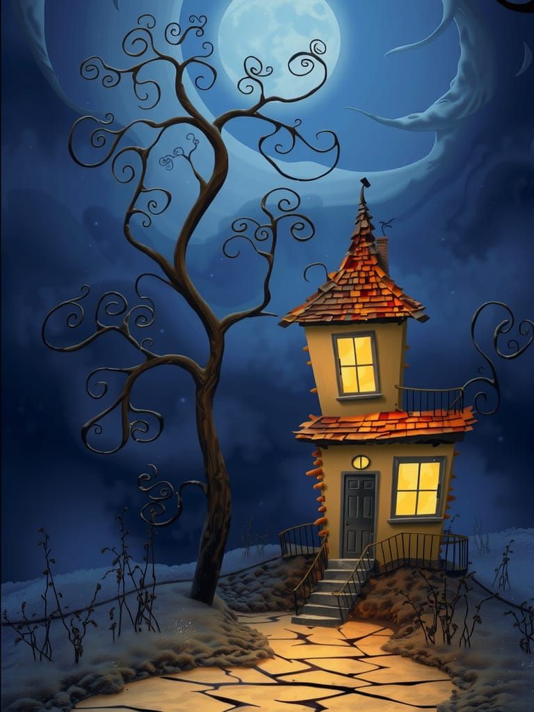 Dreamy House with Fractal Trees in Chagall Style