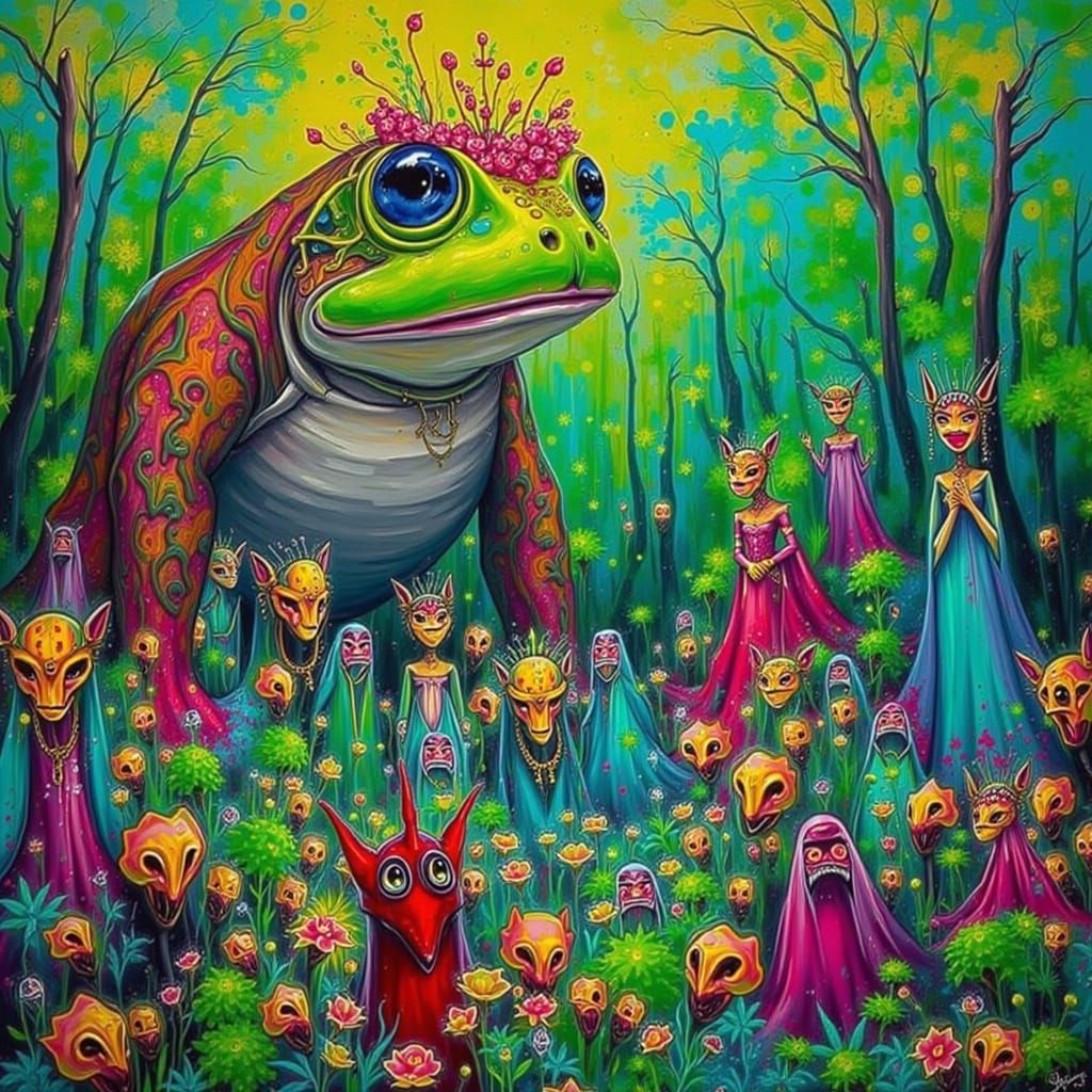 Giant Toad and Fox Bride with Priests in Forest