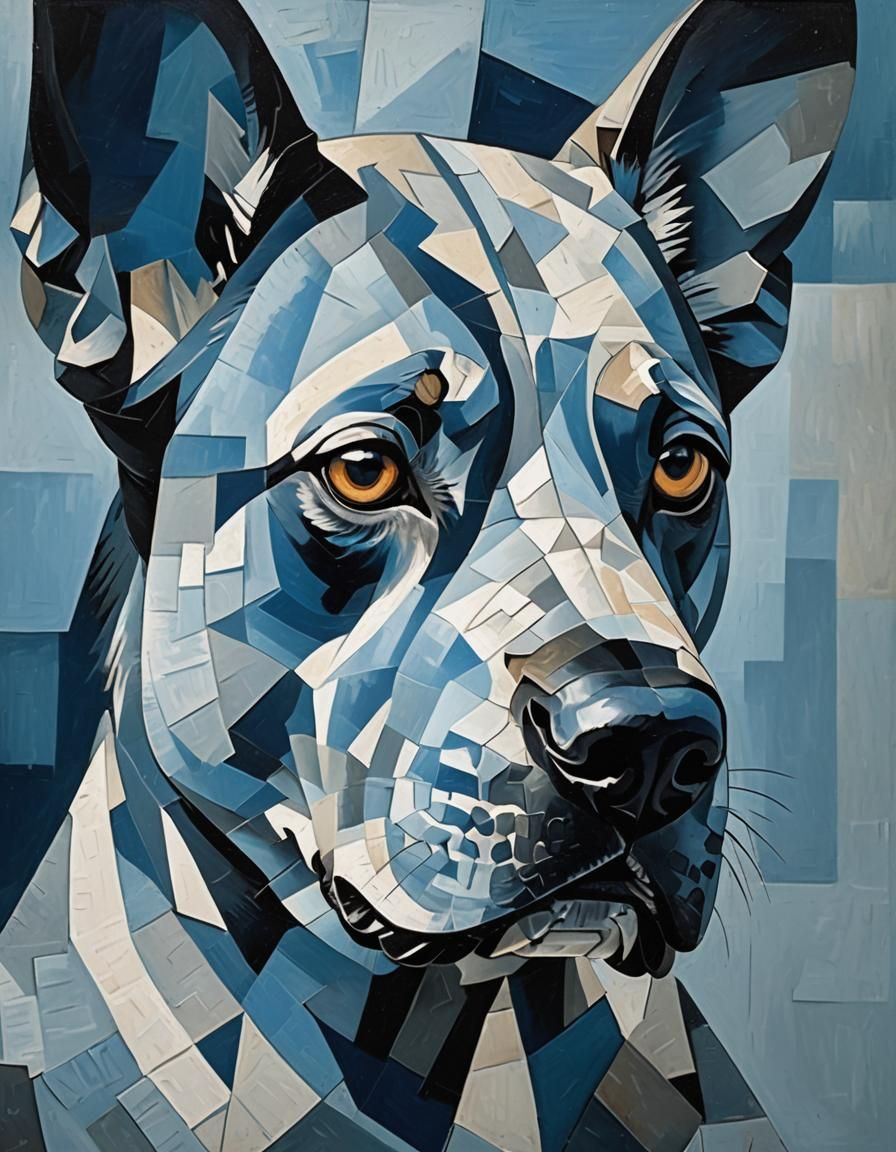 Pablo Picasso style, cubism, dog head