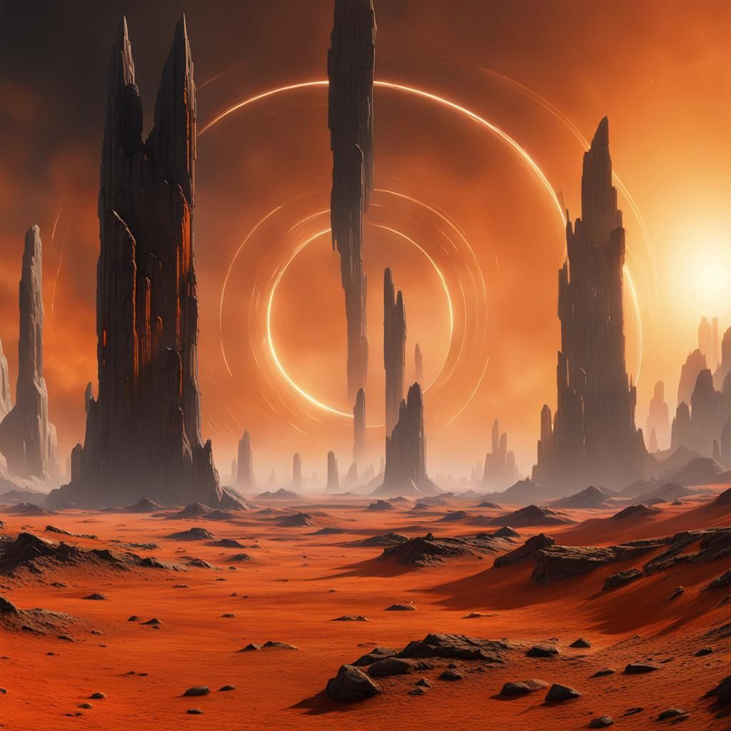 Luminescent Monoliths on Barren Planet in Dark Fantasy Style