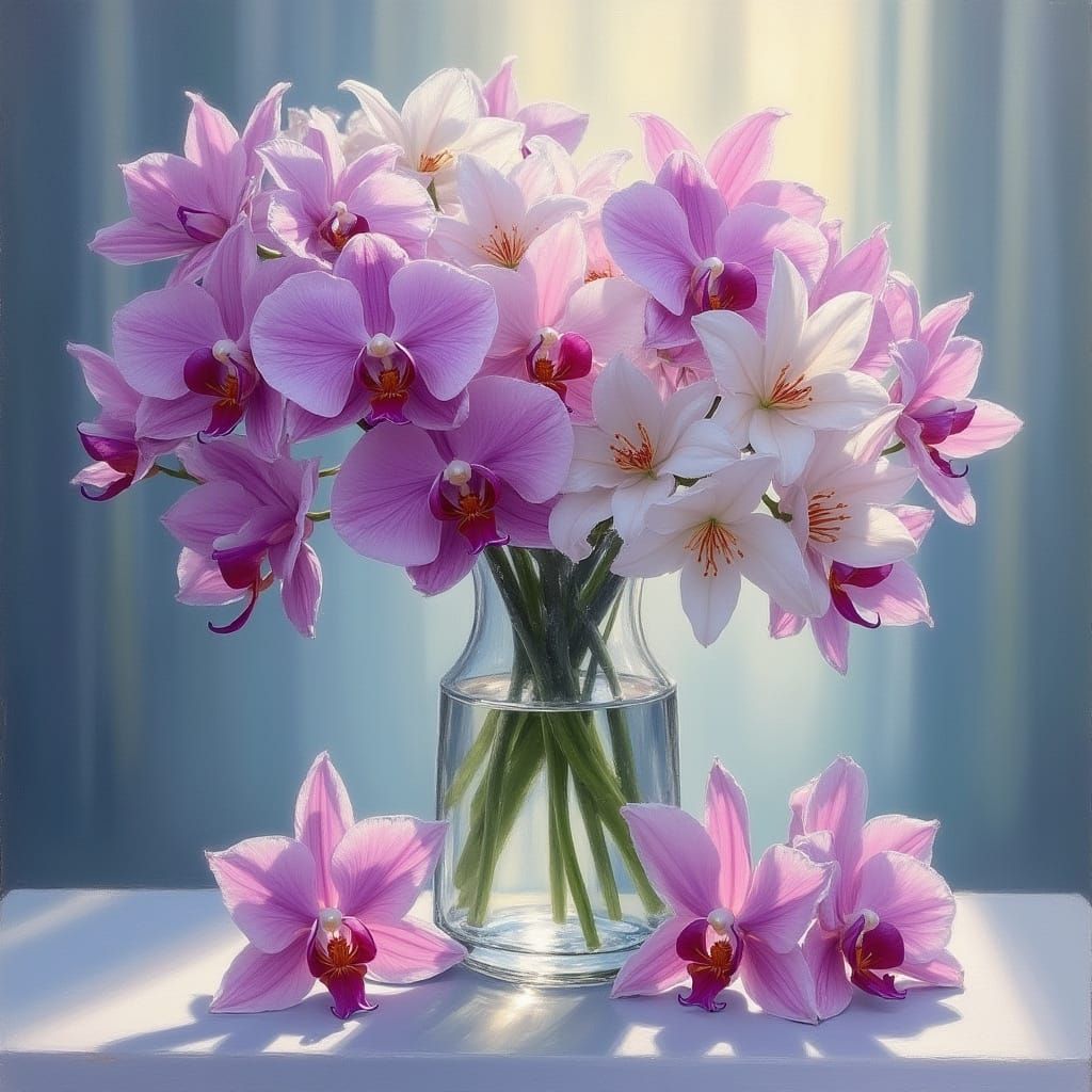 Vibrant Orchids and Lilies in Crystal Vase Oil Painting