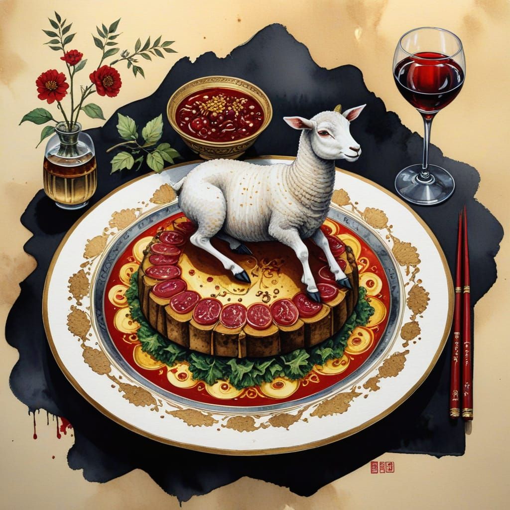 Oriental Watercolor Still Life in Rich Gothic Antiquity