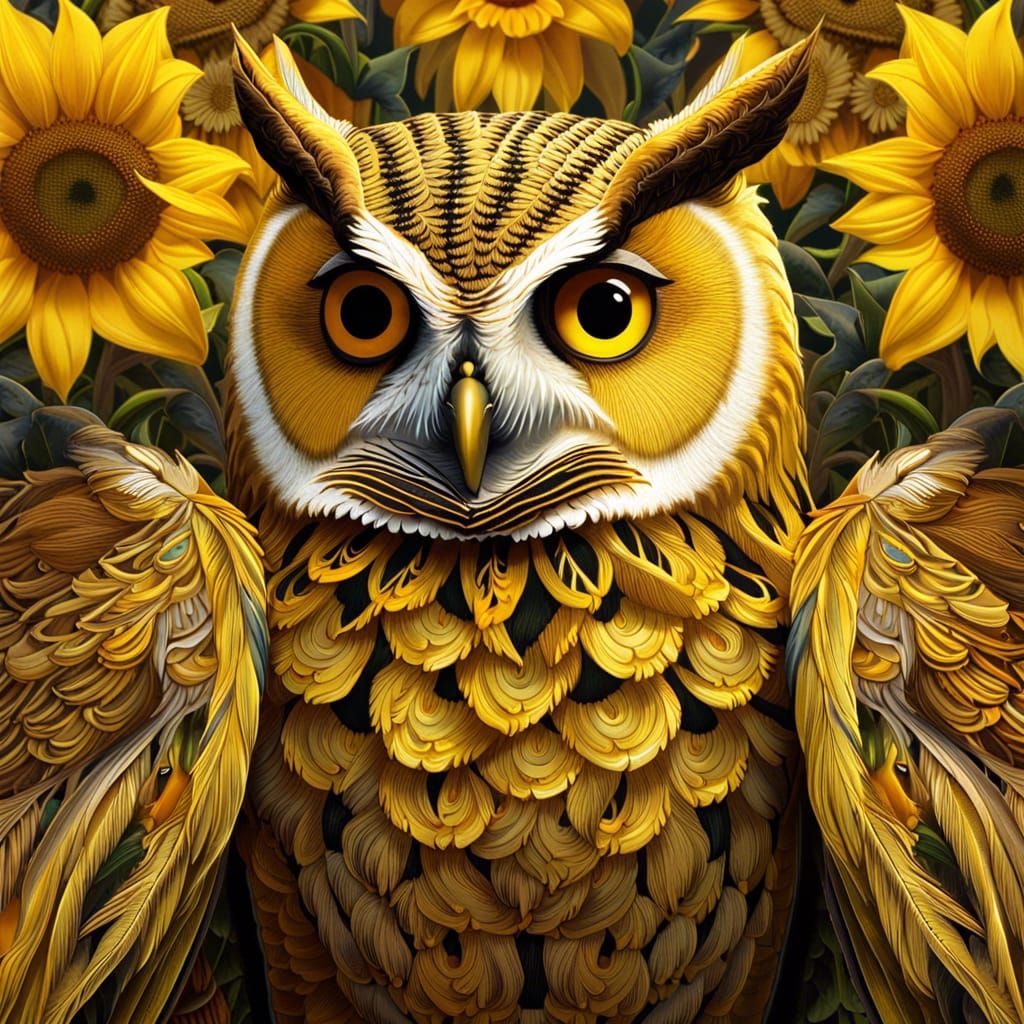 Hyperrealistic Owl Portrait with Sunflower Field