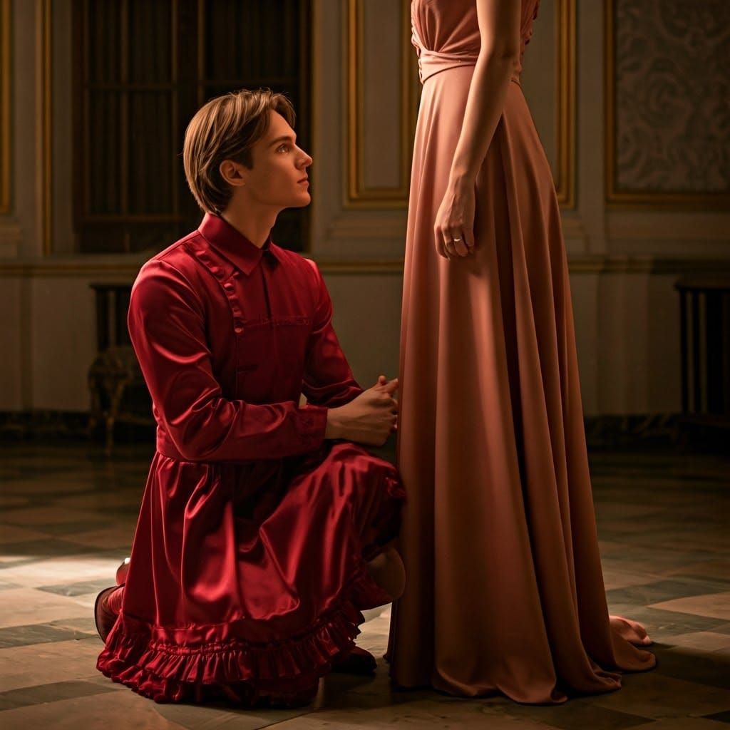 Effeminate Young Man in Crimson French Maid Uniform Kneels t...