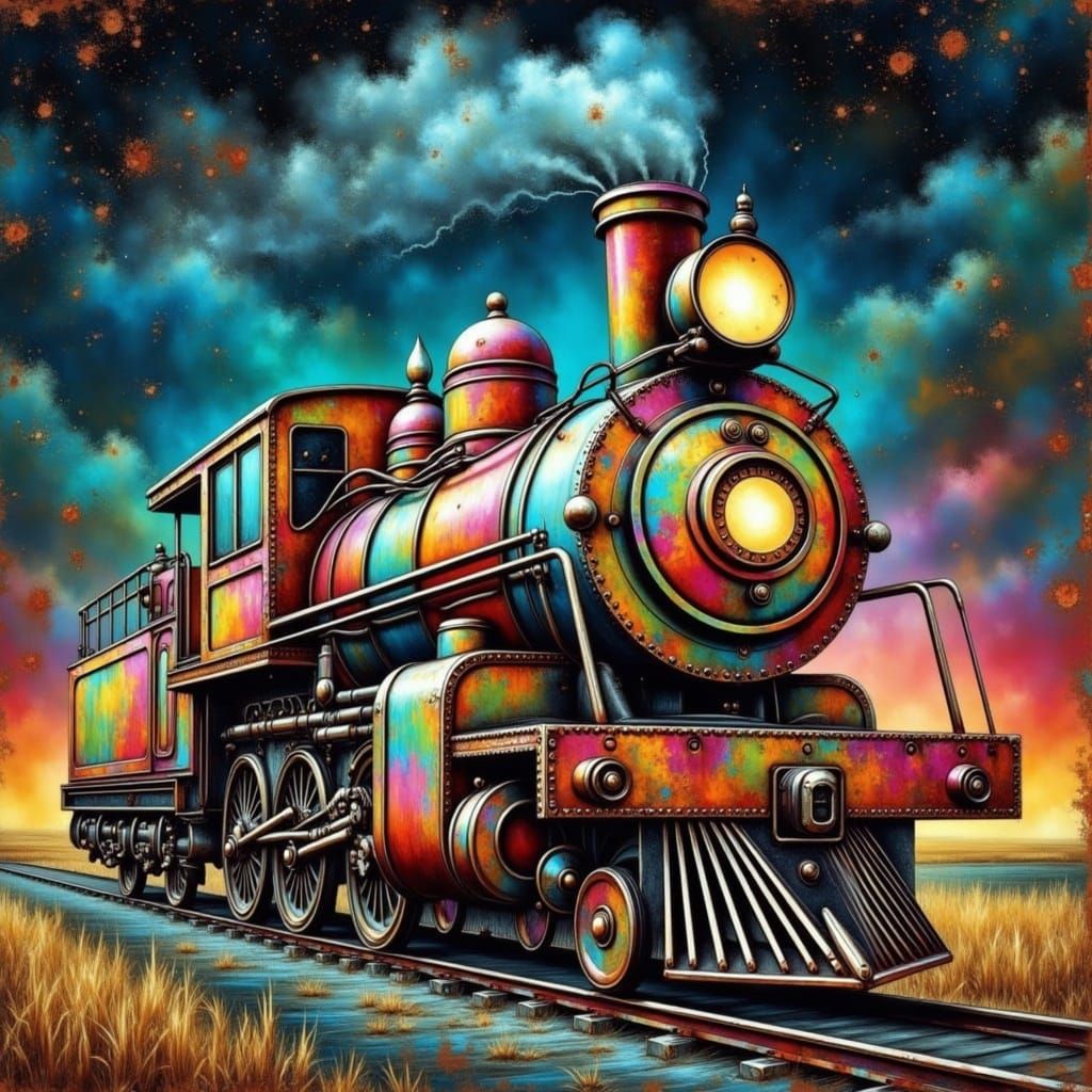 Surreal Steampunk Locomotive in Vibrant Hues