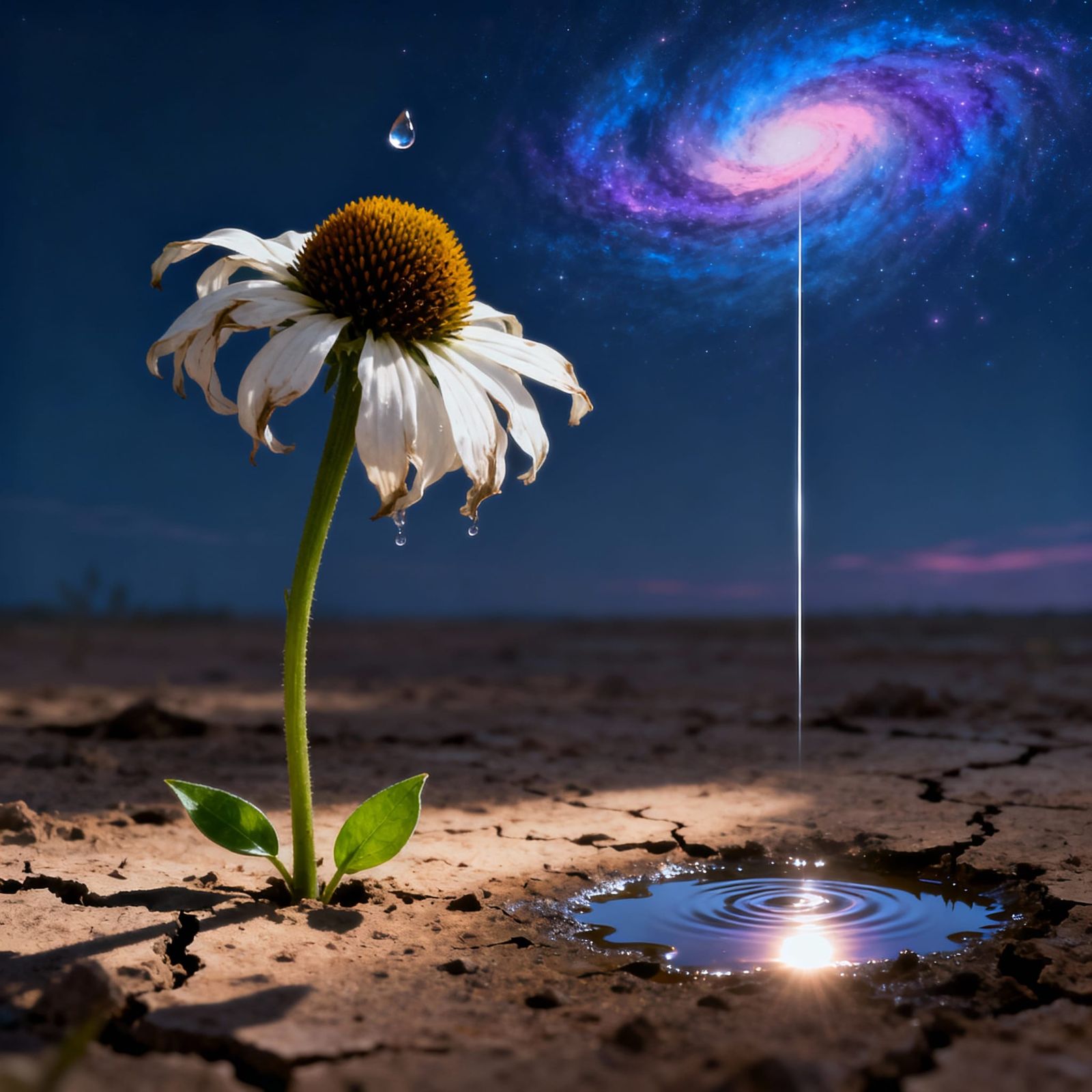 Wilting Flower Under Cosmic Sky in Desolate Landscape