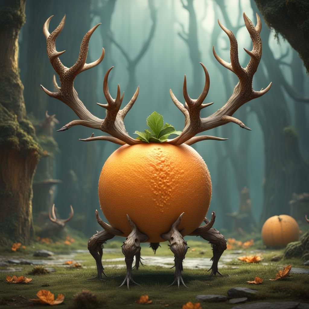 Fantastical Antlered Cantaloupe Creature: Digital Art