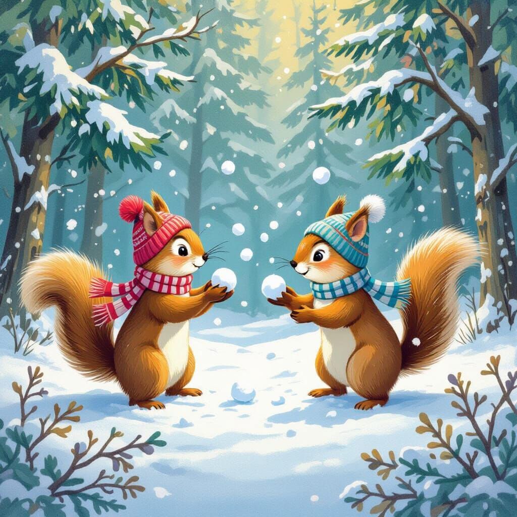 Squirrel Snowball Fight in Winter Wonderland