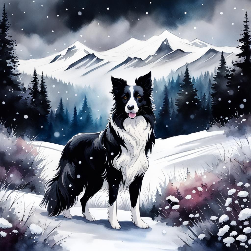 Border Collie Dog in Snowy Mountain Scene