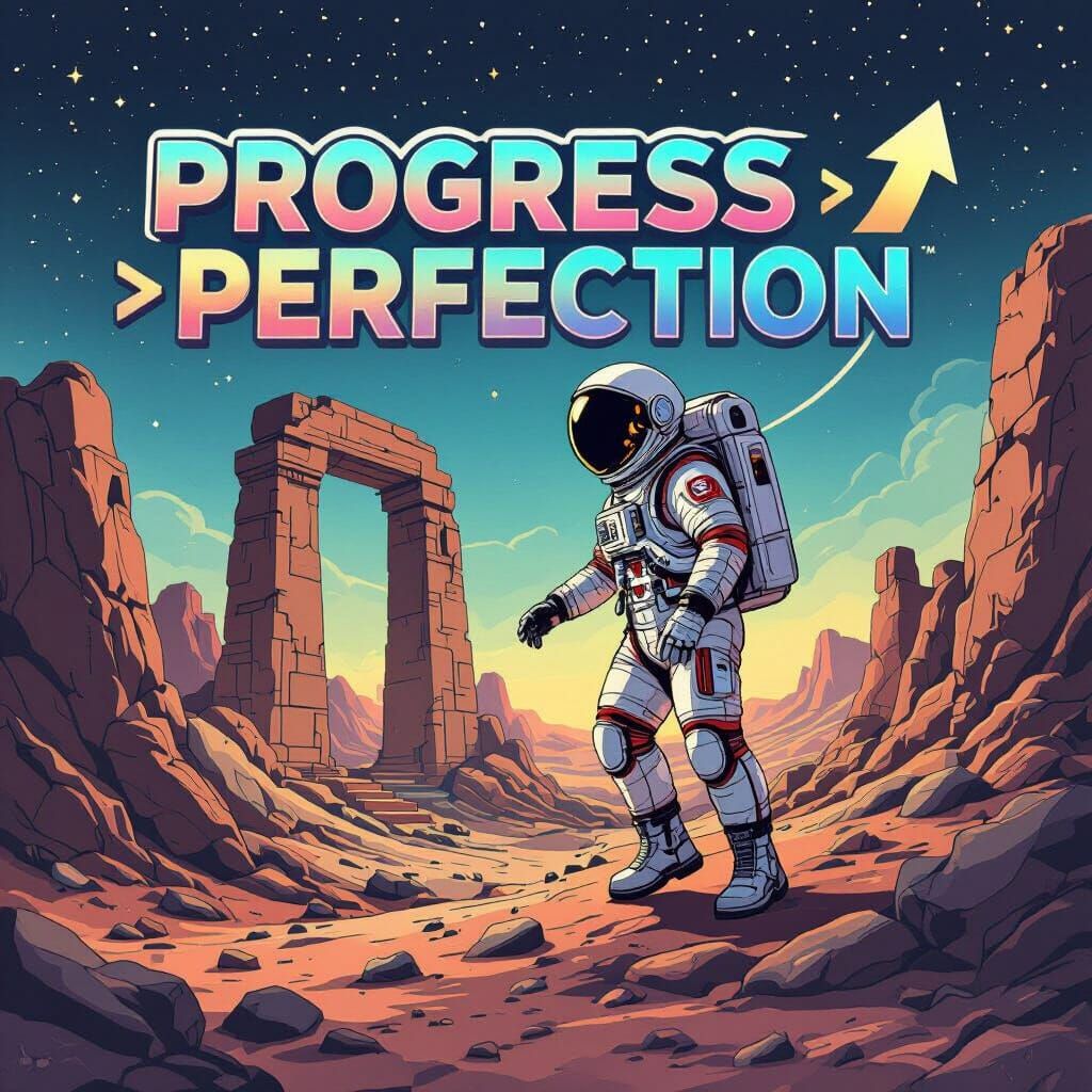 Astronaut Exploring Ruins with Inspirational Typography