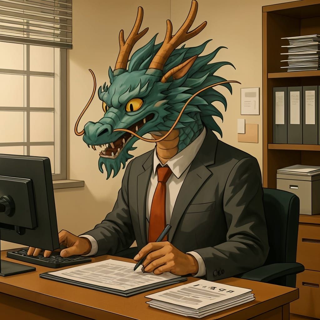 Mythical Dragon Accountant at Work in Office