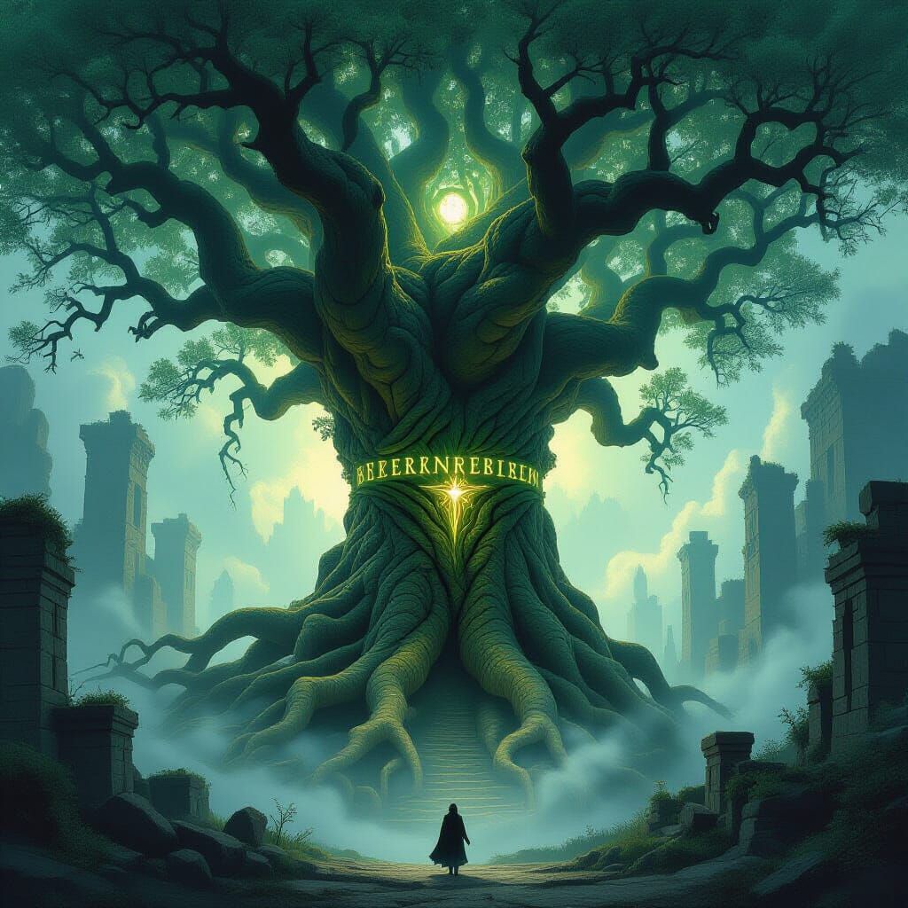 Ancient Rune Tree Overlooking Lost Ruins in Ethereal Mist