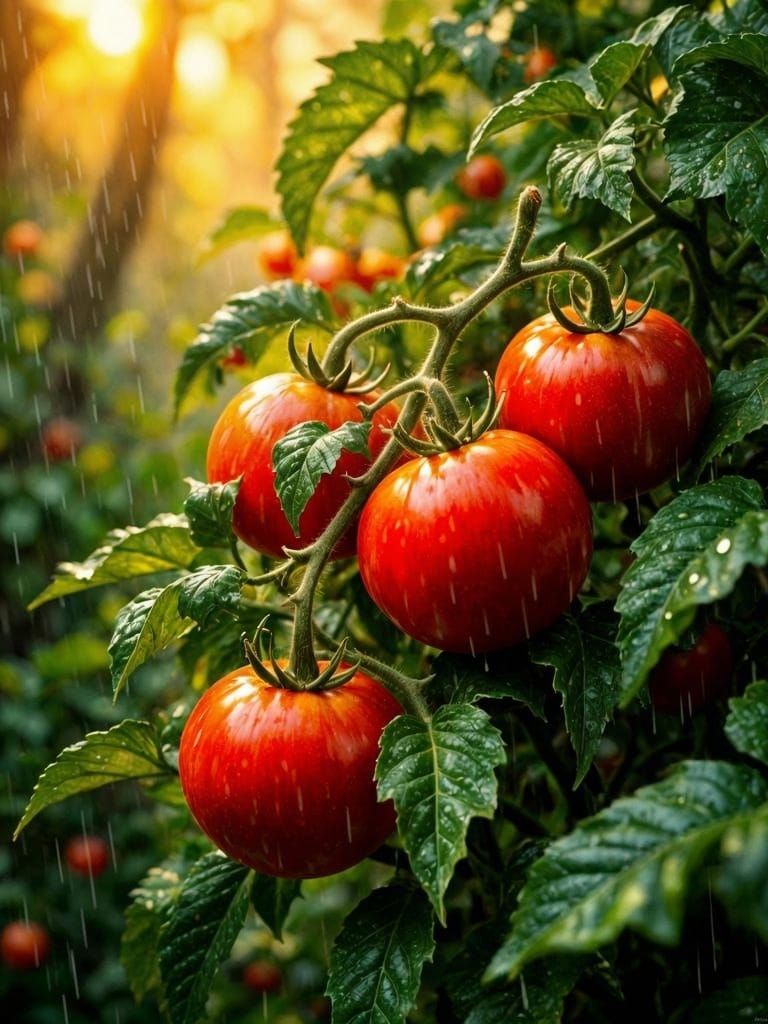 Dewy Cherry Tomatoes in Rain: Hyperrealistic Botanical Art