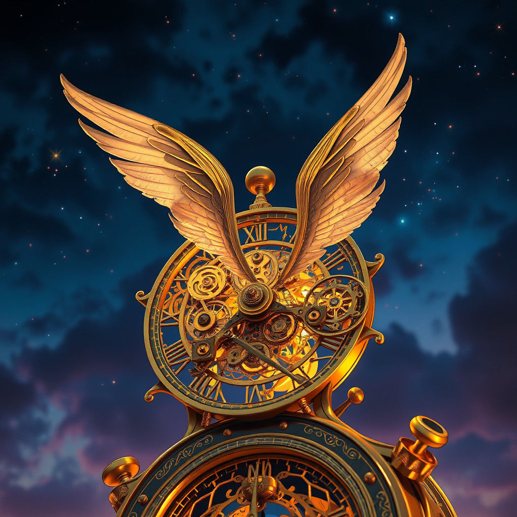 Golden Clockwork Wings Against Starry Night