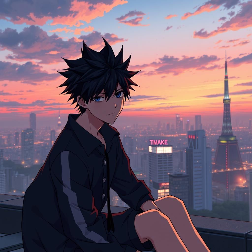 Anime Teen Boy on Rooftop at Dusk