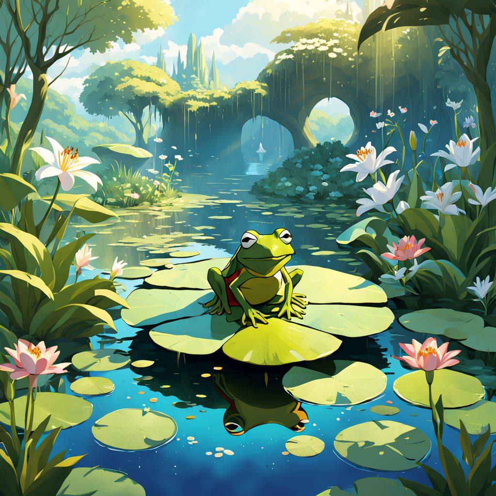 Whimsical Frog in Serene Pond Landscape