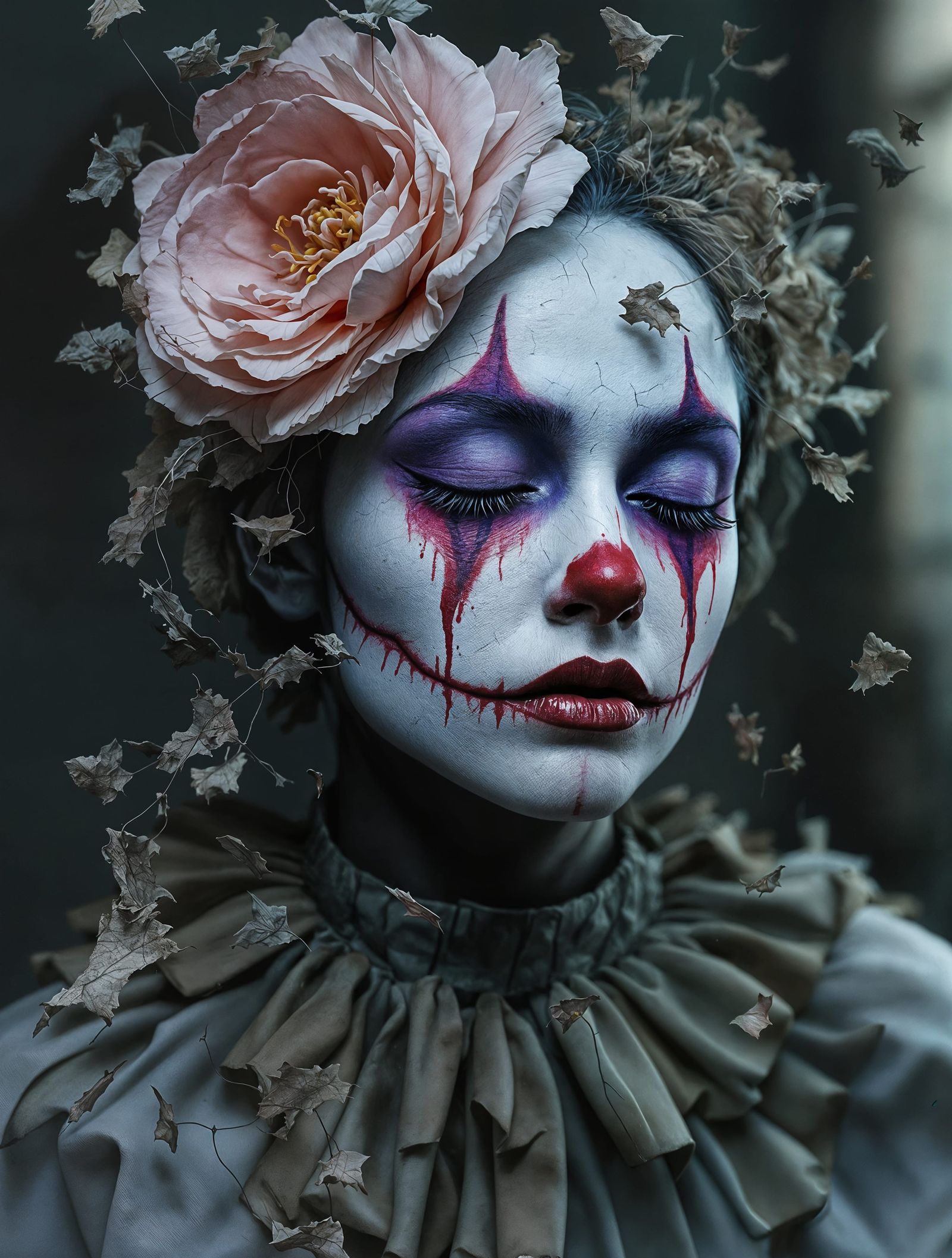 Impressionistic Portrait of a Woman in Melancholic Clown Mak...