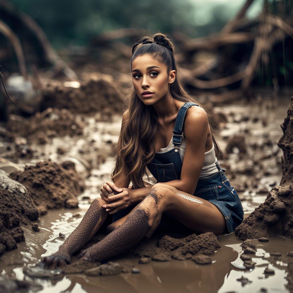 Woman in Overalls Sitting in Mud, Hyperrealistic Photo