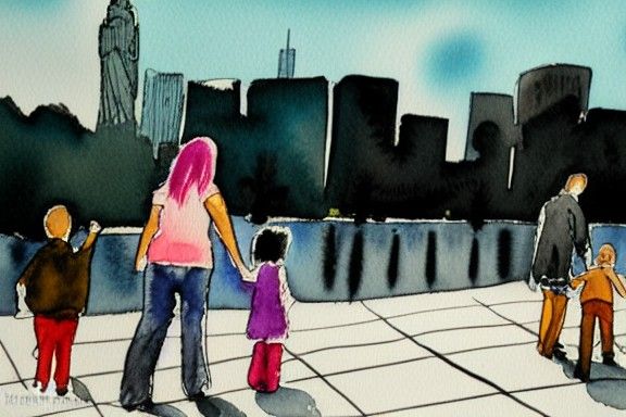 Family in New York City: Watercolor and Ink