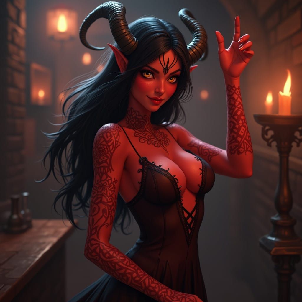 Sultry Tiefling Bard Radiates in Tavern Light
