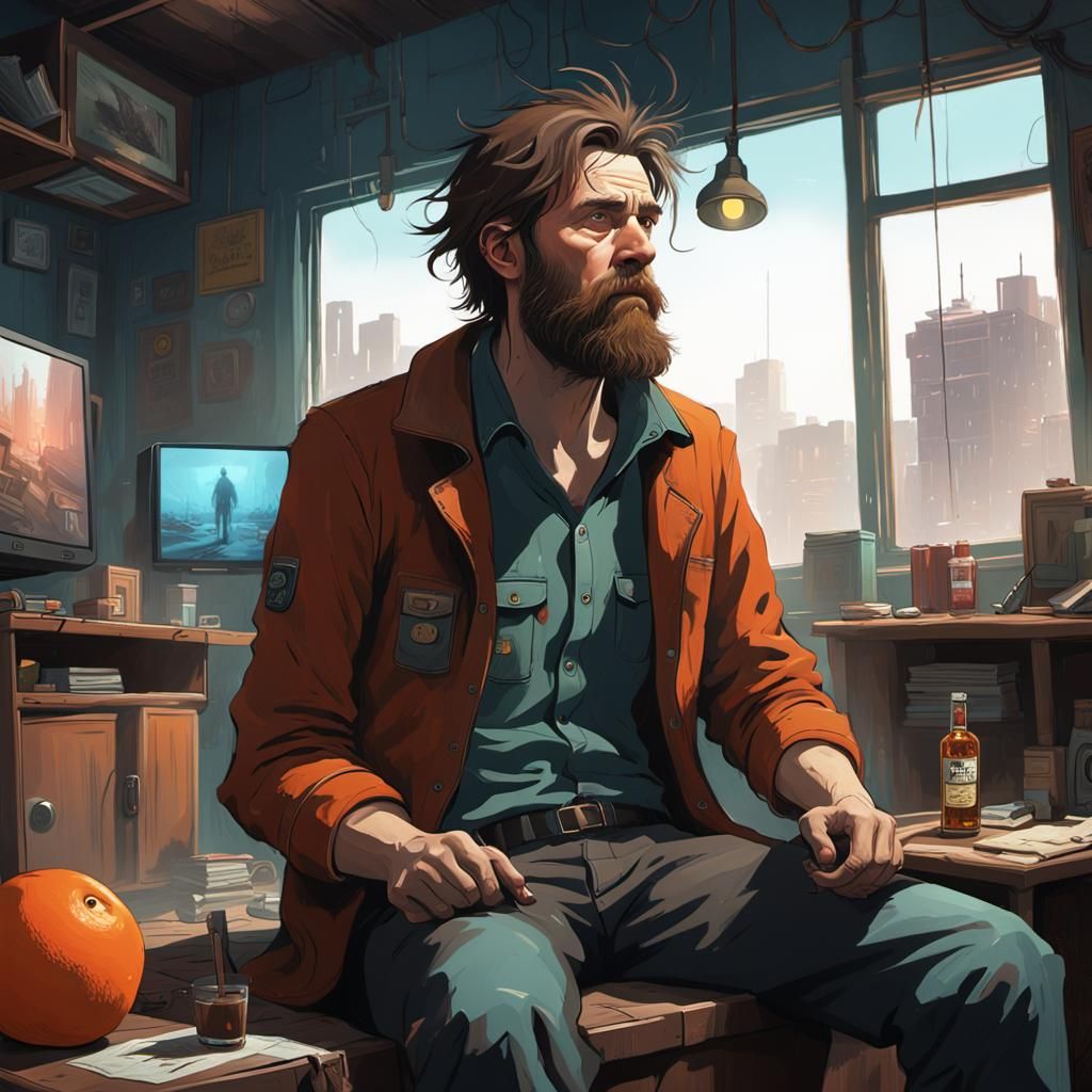 Man in Dark Living Room, Digital Matte Painting