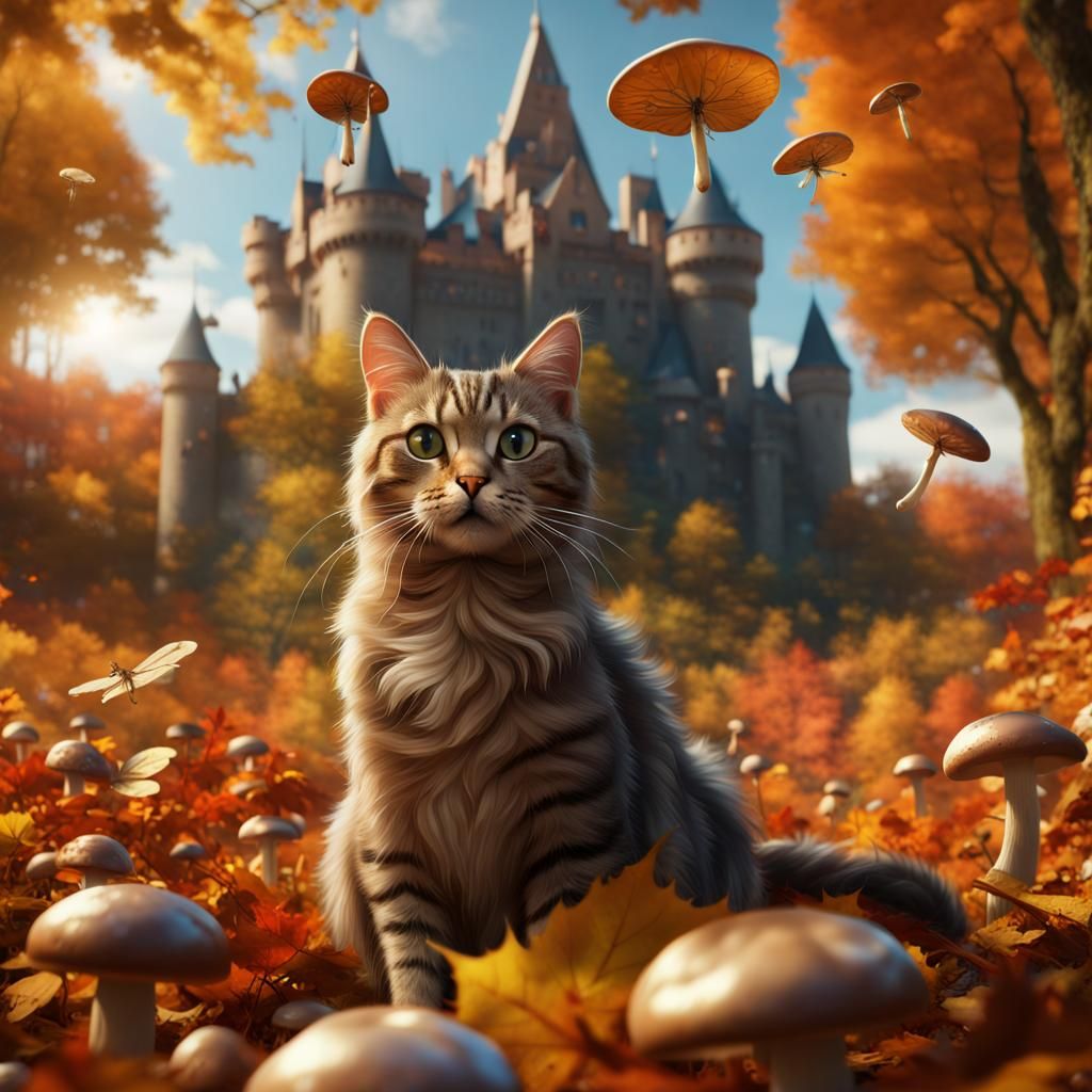 Cat in Autumn Leaves with Golden Castle
