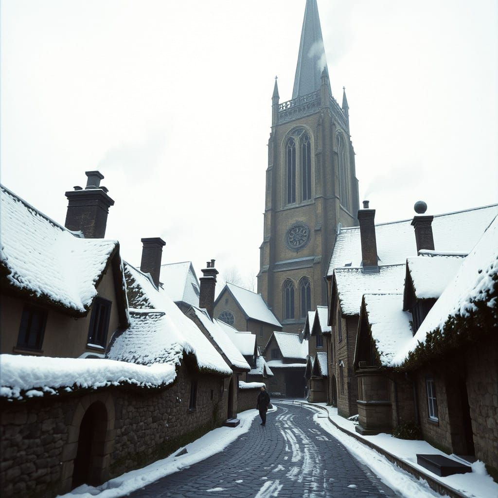 Medieval English Village Under Snowy Winter Sky