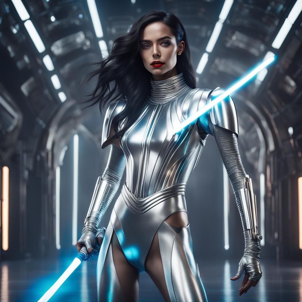 Futuristic Woman with Lightsaber in Silver Bodysuit