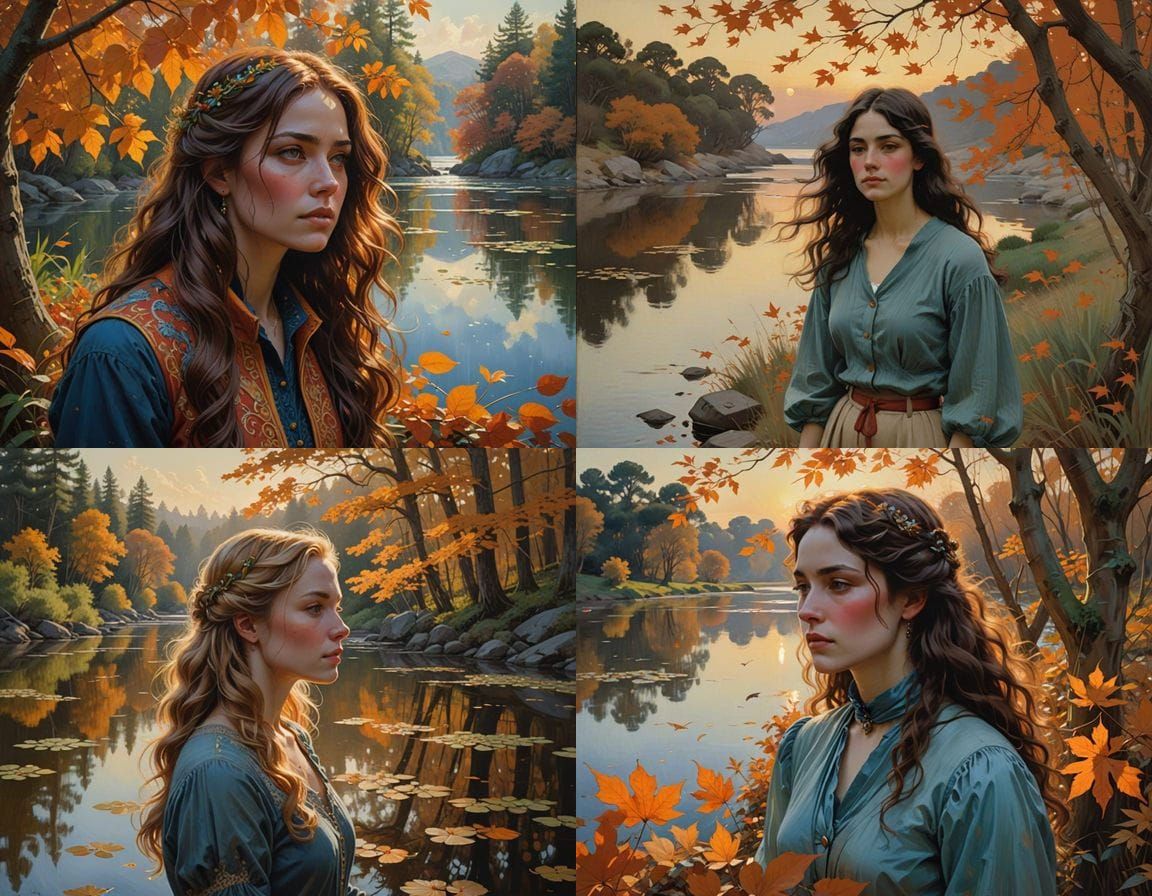 Serene Autumn Goddess in Whimsical Landscape