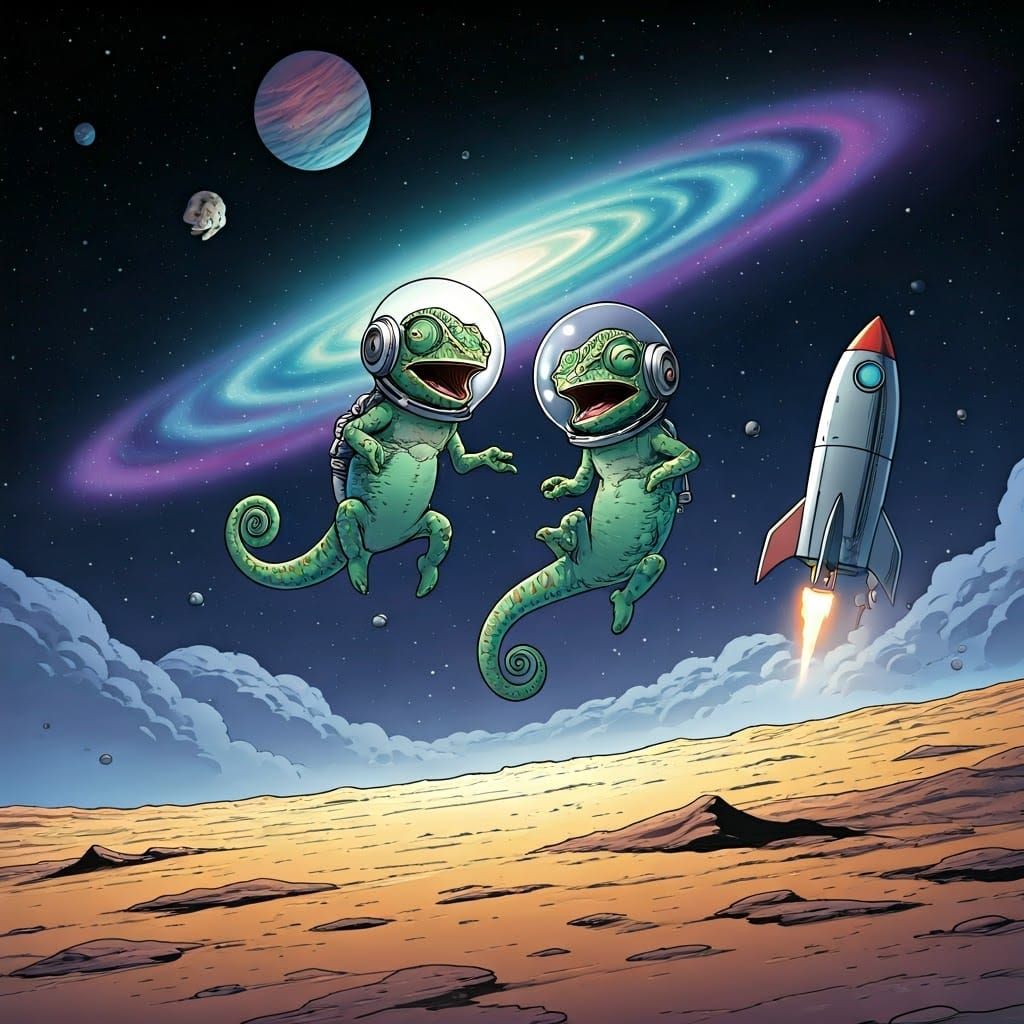 Astronaut Chameleons Laughing in Space, Comic Book Art