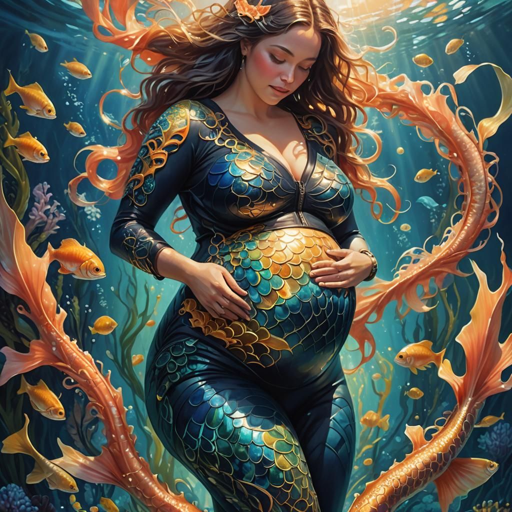 Pregnant Mermaid Concept Art in Oil Painting Style
