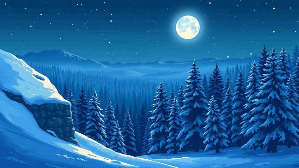 Pixel Art Winter Forest at Night with Snowy Cliff